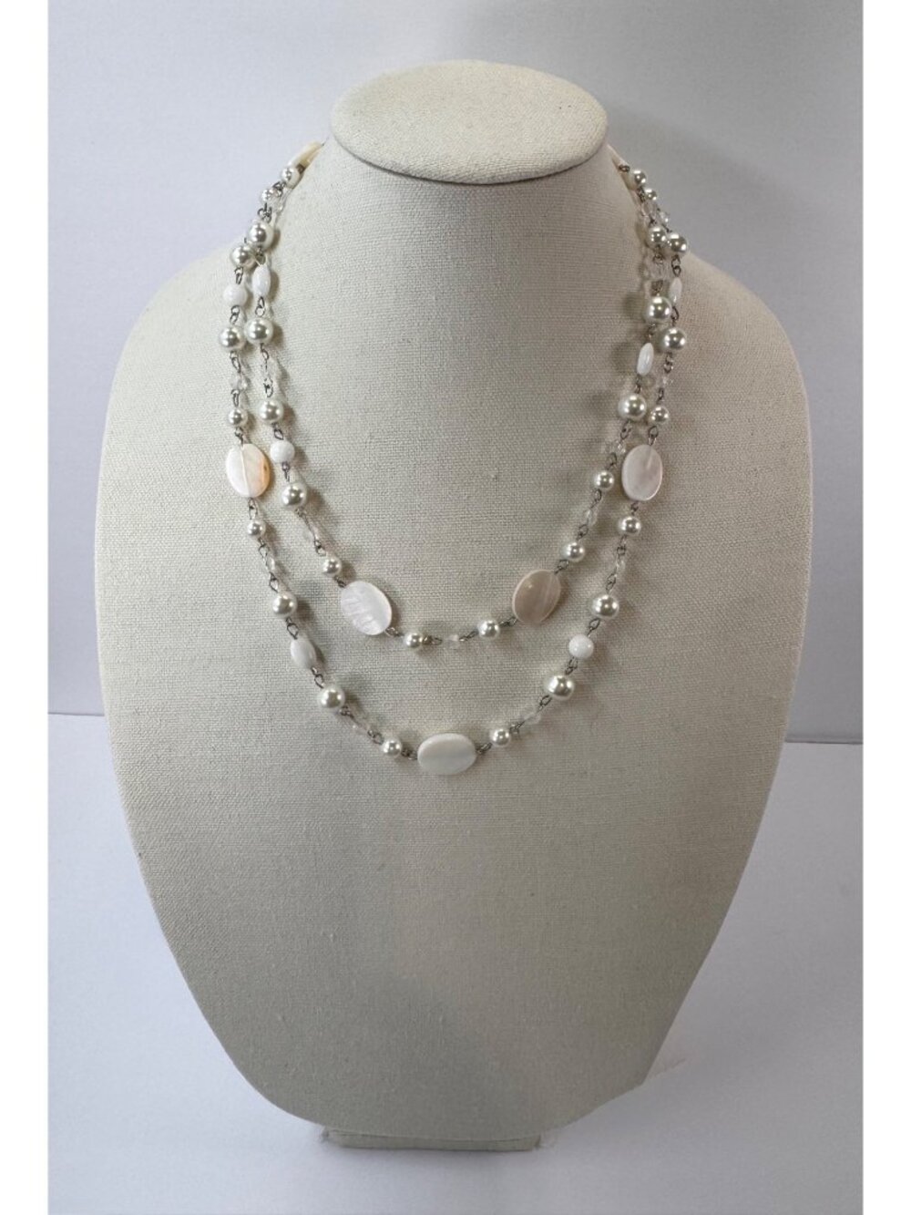 Long Mother Of Pearl Quartz Faux Pearl Necklace 48” Silver Tone No Clasp Strand